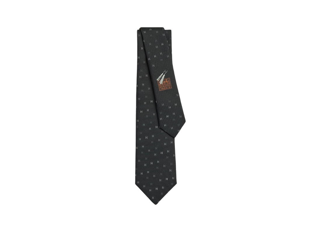 Hermes Hermes H Scintillant Tie In Hand-Sewn Heavy Silk Noir-Gris-Blanc