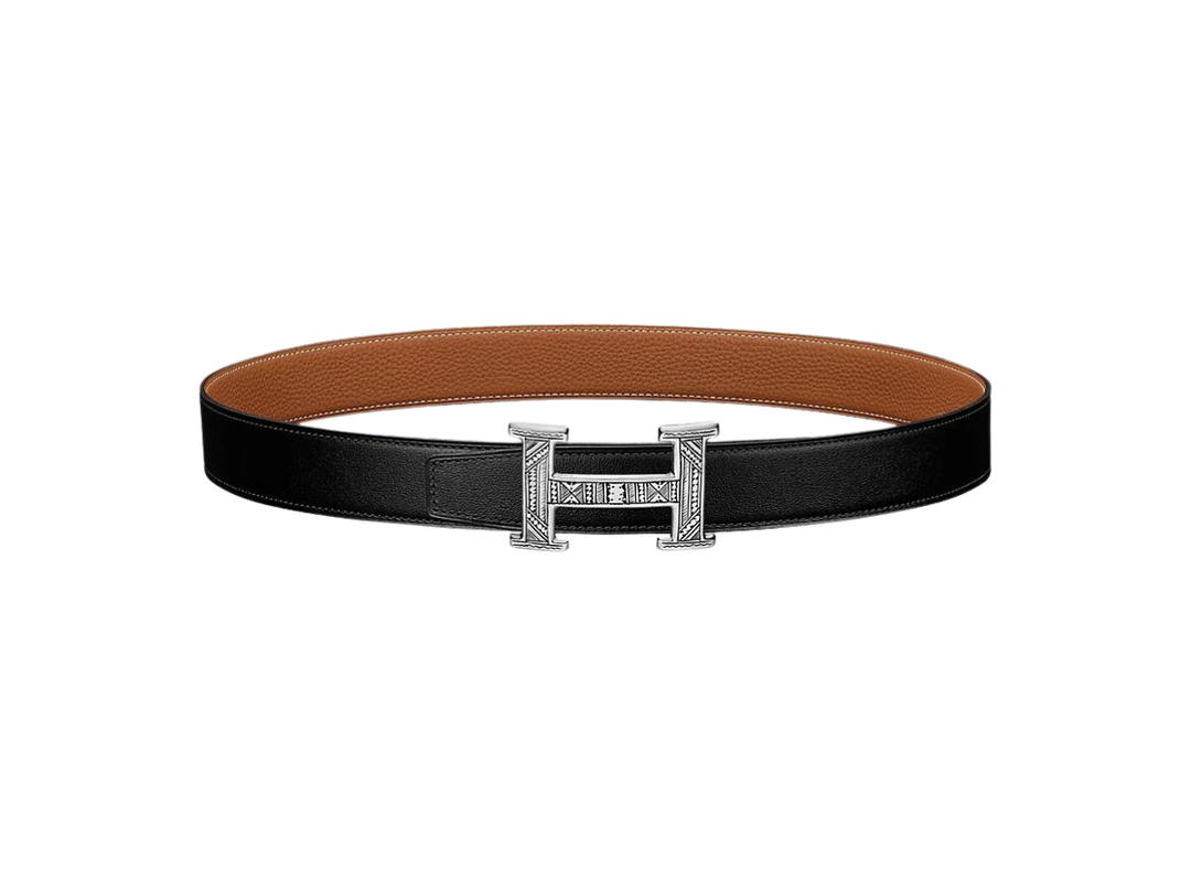 Hermes Hermes H Touareg Belt Buckle & Reversible Leather Strap 32 MM With Solid Silver Metal Noir-Gold