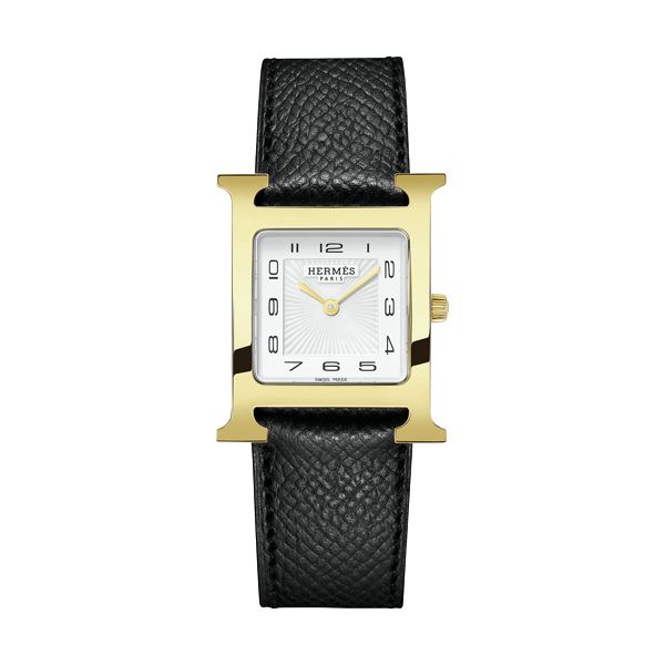 Hermes Hermes Heure H Watch Medium Model 30 MM In Epsom Calfskin With Yellow Gold-Plated Steel Noir