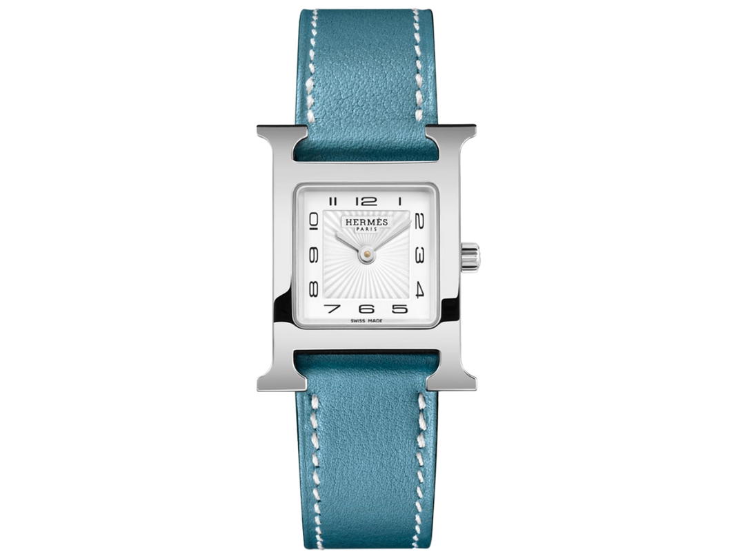 Hermes Hermes Heure H Watch Small 25 MM In Swift Calfskin With Steel Metal Blue Jean
