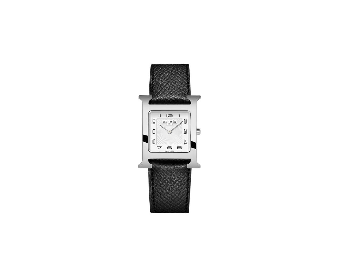 Hermes Hermes Heure H Watch Medium Model 30 MM In Black Epsom Calfskin With White Dial Noir