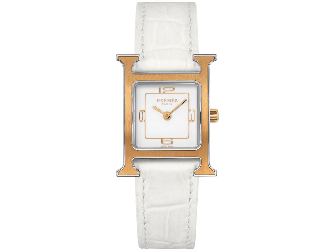 Hermes Hermes Heure H Watch Small 25 MM In Matte Chantilly Alligator With Satin-Brushed Solid Rose Gold Insert Blanc