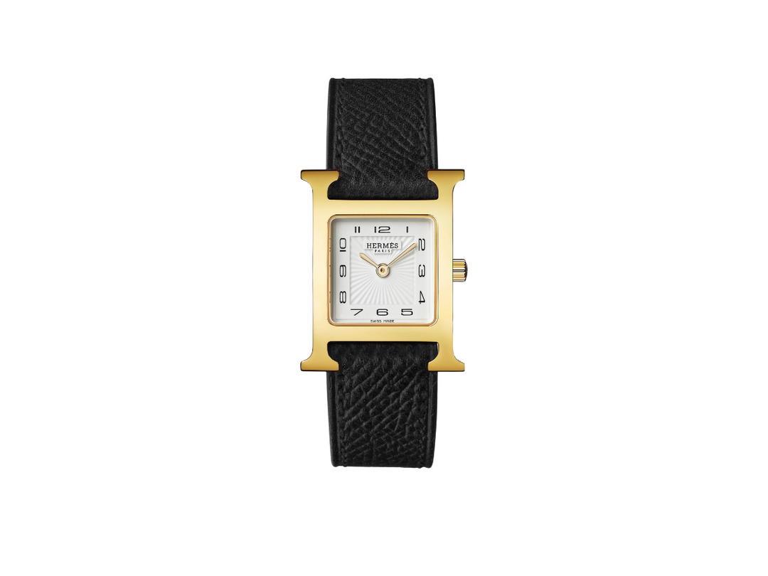 Hermes Hermes Heure H Watch Small Model 25 MM In Epsom Calfskin With Yellow Gold-Plated Steel Noir