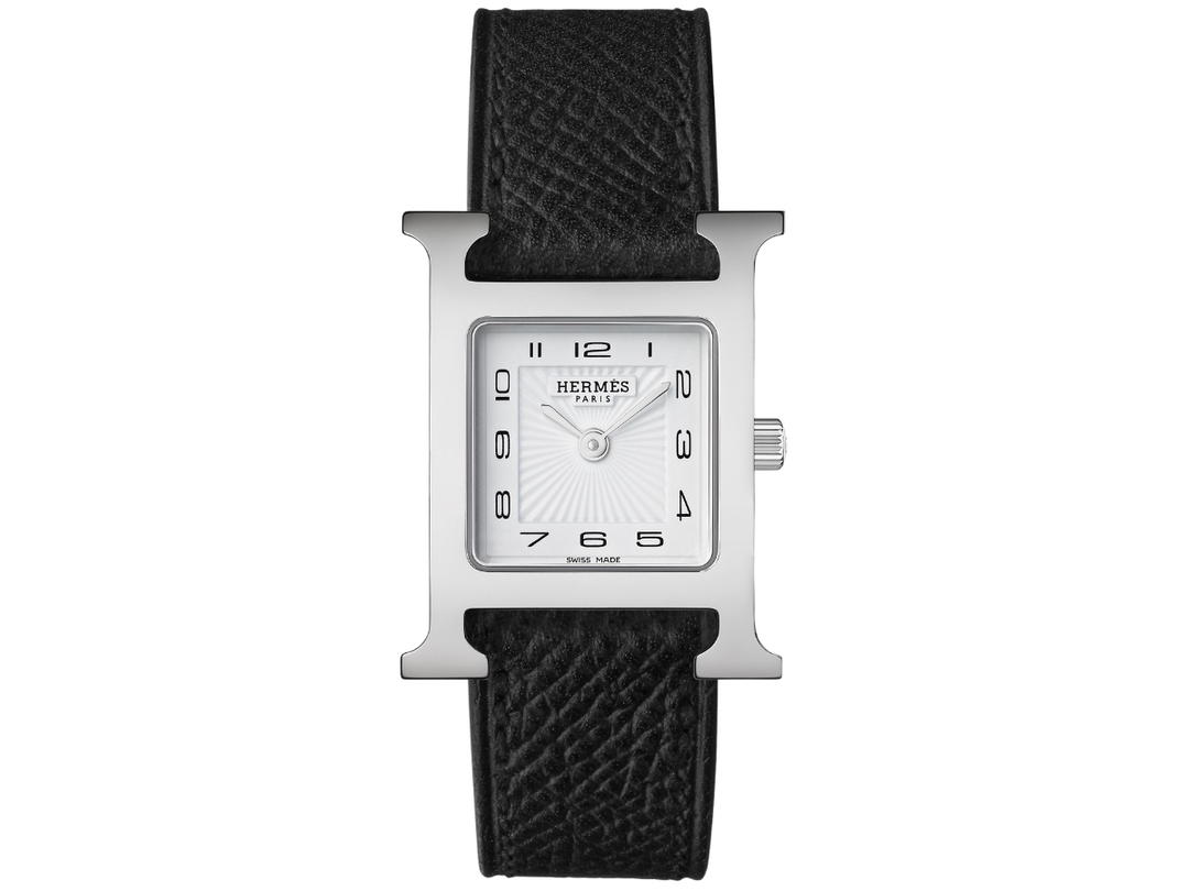 Hermes Hermes Heure H Watch Small Model 25MM In Noir Strap Epsom Calfskin With Steel Watch Quartz Movement White Dial Long Interchangeable Strap