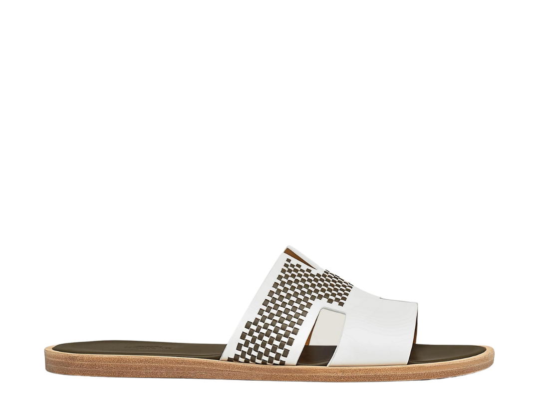 Hermes Hermes Izmir Sandal In Calfskin And Braided Calfskin With Iconic H Cut-Out Blanc-Vert Olive