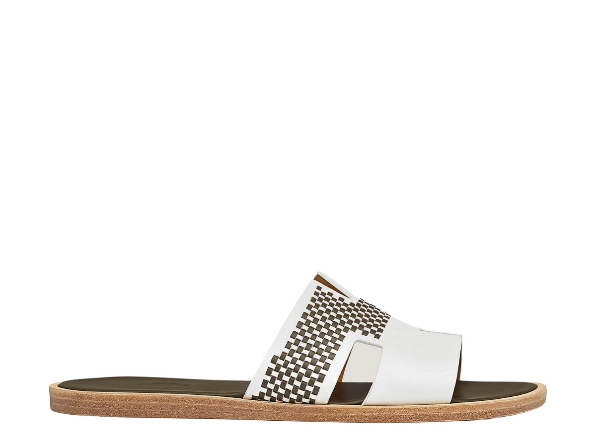 Hermes Hermes Izmir Sandal In Calfskin And Braided Calfskin With Iconic H Cut-Out Blanc-Vert Olive