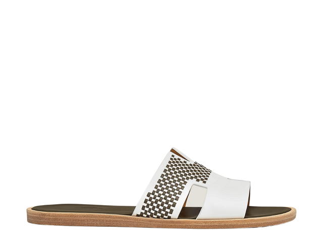 Hermes Hermes Izmir Sandal In Calfskin And Braided Calfskin With Iconic H Cut-Out Blanc-Vert Olive - view 1
