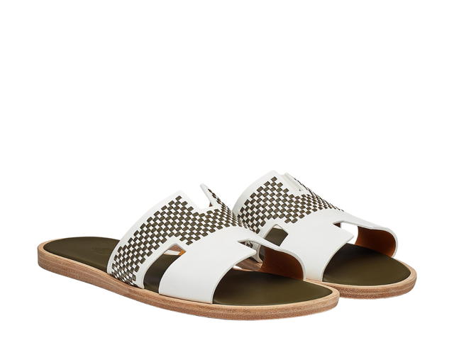 Hermes Hermes Izmir Sandal In Calfskin And Braided Calfskin With Iconic H Cut-Out Blanc-Vert Olive - view 2