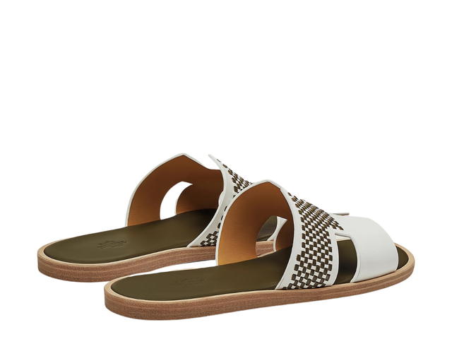 Hermes Hermes Izmir Sandal In Calfskin And Braided Calfskin With Iconic H Cut-Out Blanc-Vert Olive - view 3
