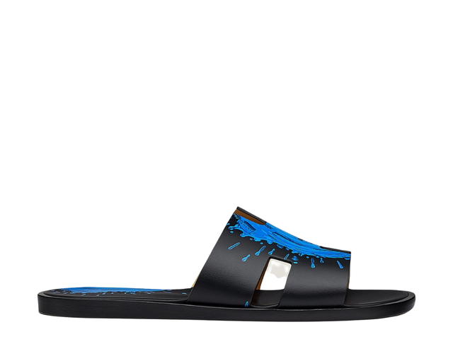 Hermes Hermes Izmir Sandal In Calfskin With Peinture Fraiche Print And Iconic H Cut-Out Noir Bleu Electrique - view 1