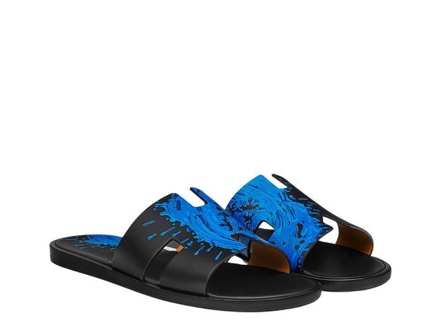 Hermes Hermes Izmir Sandal In Calfskin With Peinture Fraiche Print And Iconic H Cut-Out Noir Bleu Electrique - view 2