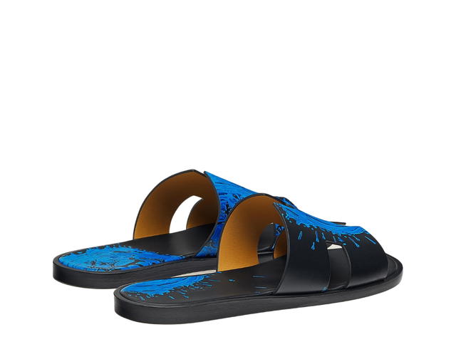 Hermes Hermes Izmir Sandal In Calfskin With Peinture Fraiche Print And Iconic H Cut-Out Noir Bleu Electrique - view 3