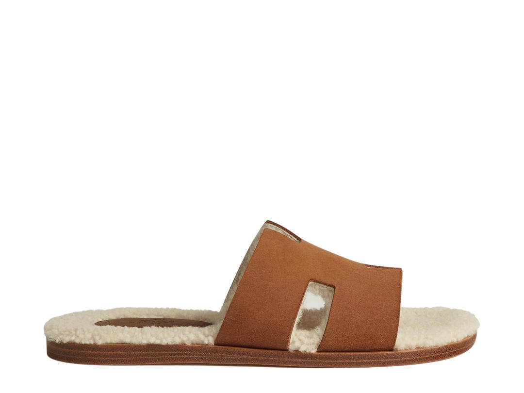 Hermes Hermes Izmir Sandal In Suede Goatskin And Woolskin With Iconic H Cut-Out Marron Teck-Écru