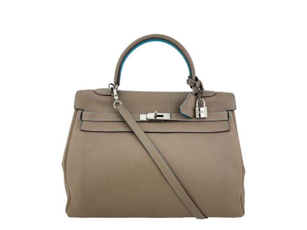 Hermes Hermes Kelly 35 Bag In Etoupe Calfskin With Palldadium Hardware Etoupe-Bleu Azteque