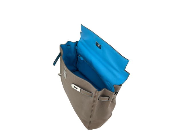 Hermes Hermes Kelly 35 Bag In Etoupe Calfskin With Palldadium Hardware Etoupe-Bleu Azteque - view 3