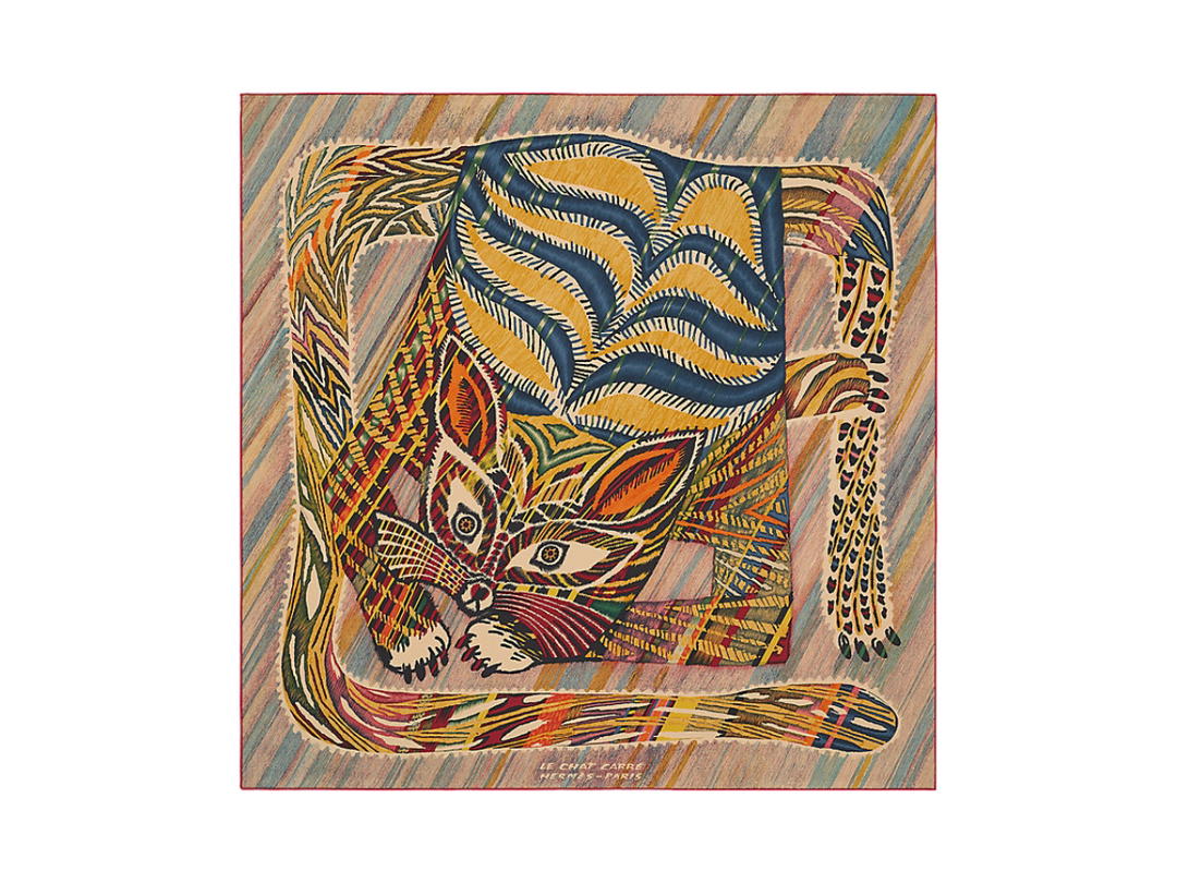 Hermes Hermes Le Chat Carre Scarf 90 In Silk Twill With Hand-Rolled Edges Beige Doré-Marine-Multicolore