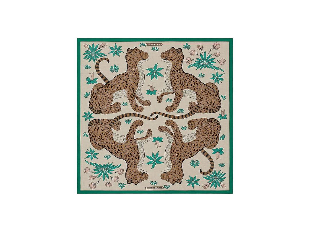 Hermes Hermes Les Leopards Shawl 140 In Cashmere And Silk With Hand-Rolled Edges Naturel-Vert-Havana