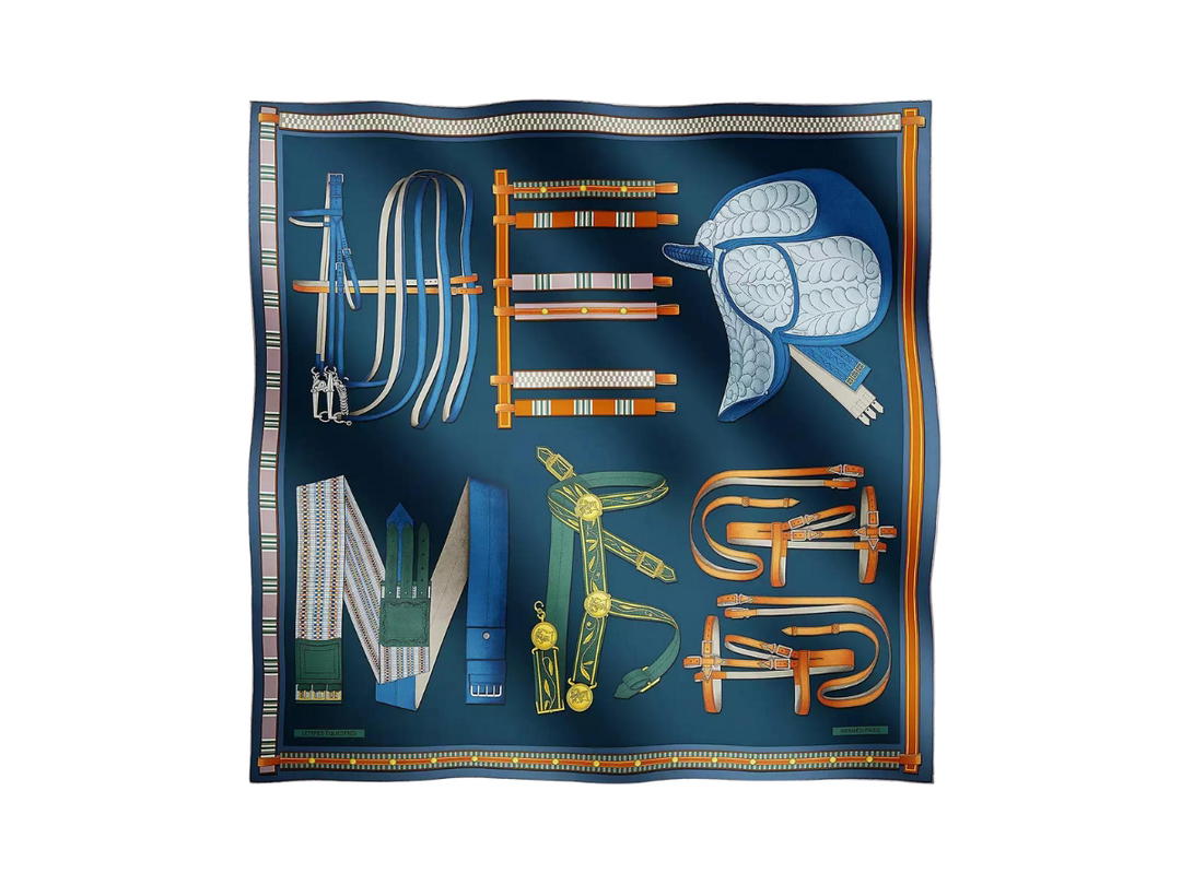 Hermes Hermes Lettres Equestre Scarf 90 In Silk Twill With Hand-Rolled Edges Bleu Ardoise Vert Parme