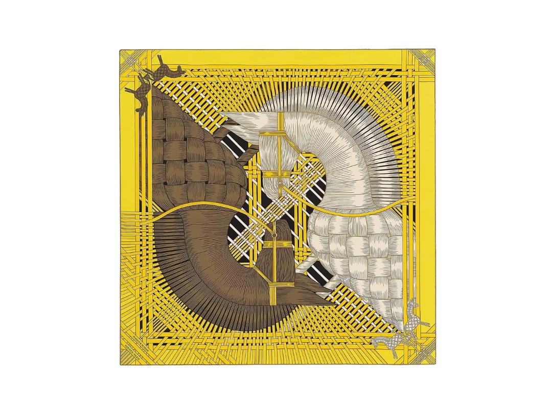 Hermes Hermes Masan & Masan Scarf 90 In Silk Twill With Hand-Rolled Edges Jaune Vif Cream Brun