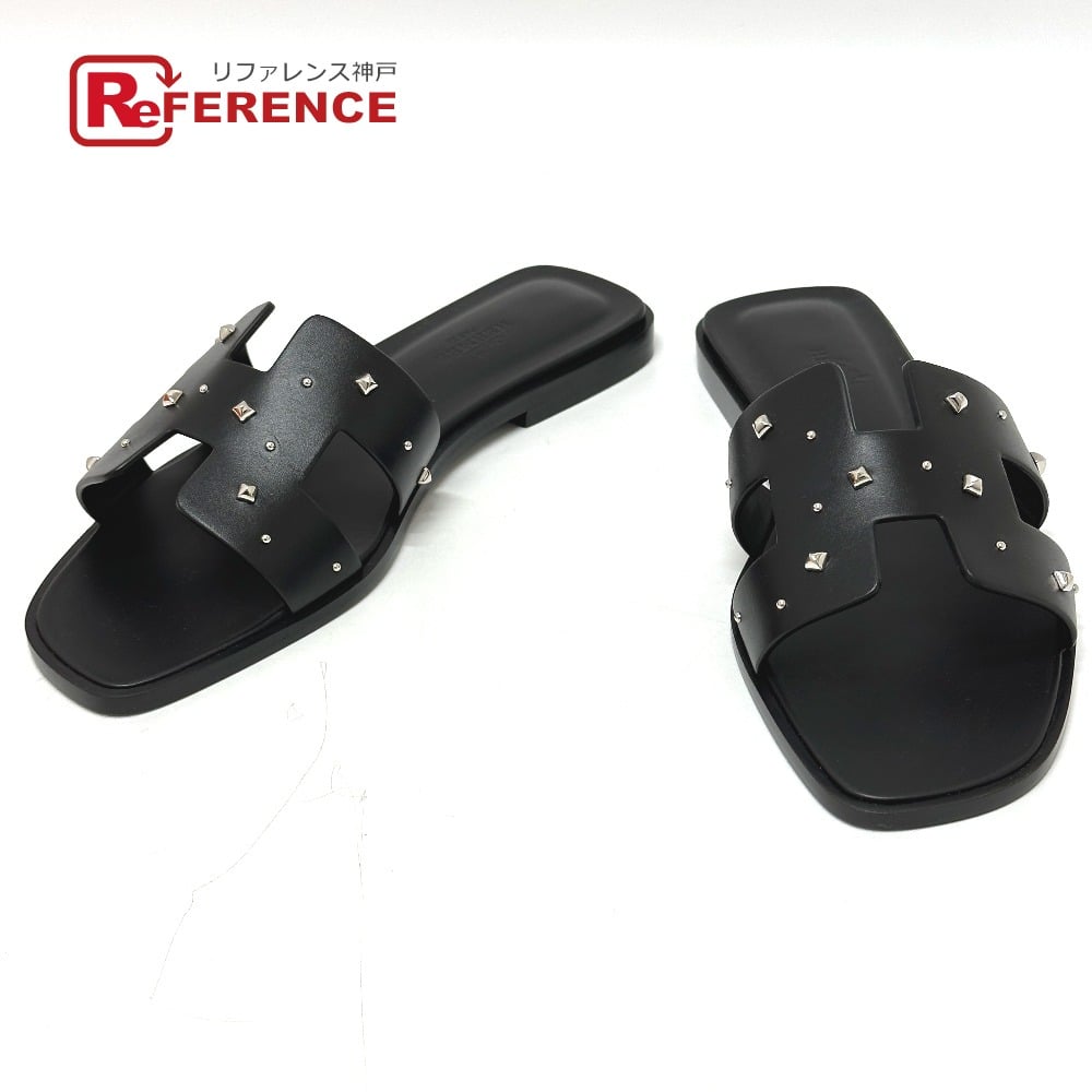 Hermes HERMES Meador Oran Flat Apparel Shoes Sandals Leather / Wood Black Unused