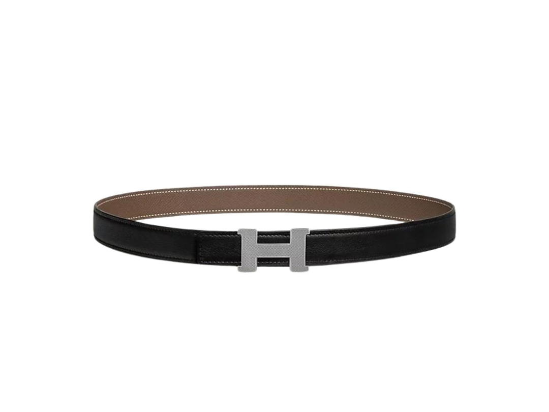 Hermes Hermes Mini Constance Guillochee Belt Buckle & Reversible Leather Strap 24 MM In Palladium-Plated Metal Noir-Étoupe