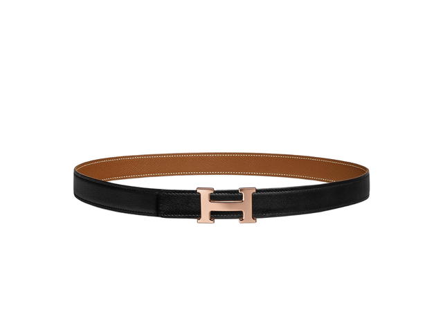 Hermes Hermes Mini H Belt Buckle & Reversible Leather Strap 24 MM In Swift And Epsom Calfskin With Rose Gold Plated Metal Noir-Gold - view 1