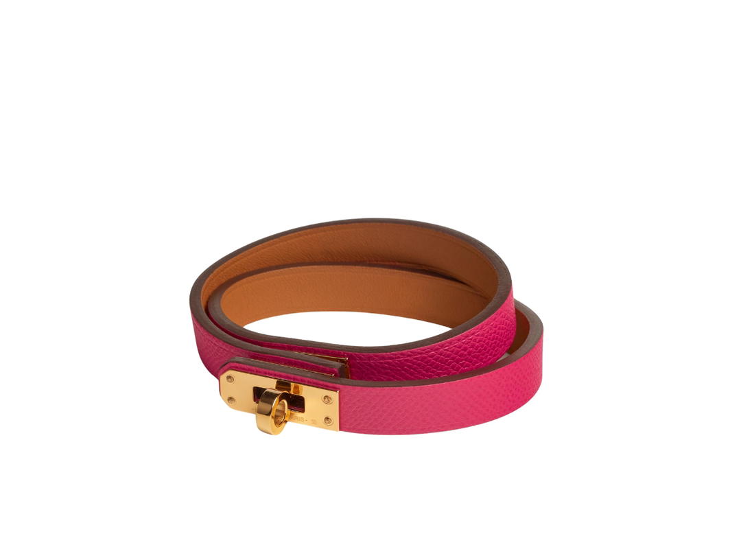 Hermes Hermes Mini Kelly Double Tour Bracelet In Madame Calfskin With Gold-Plated Mini Kelly Closure Rose Extrême