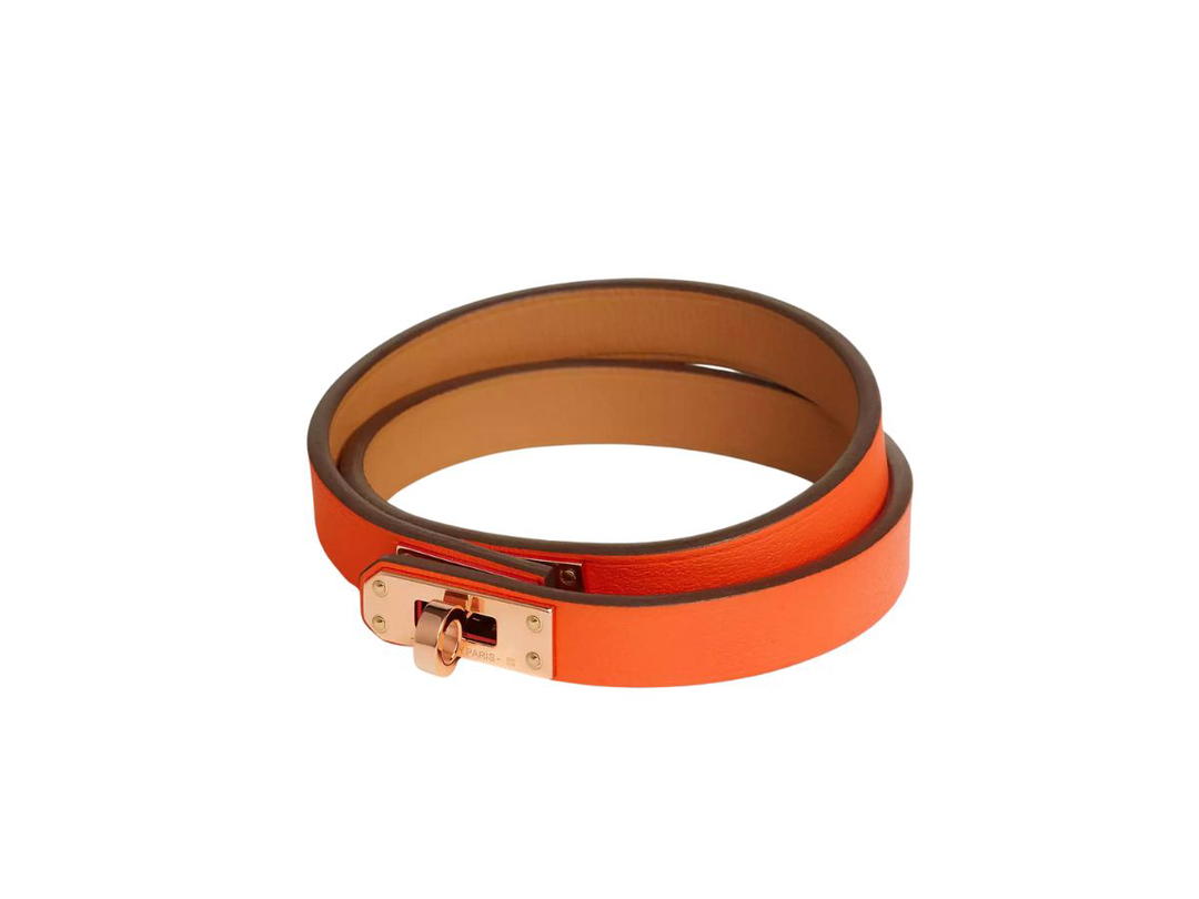 Hermes Hermes Mini Kelly Double Tour Bracelet In Swift Calfskin With Rose Gold-Plated Orange Minium
