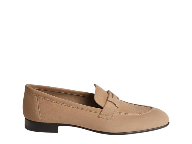 Hermes Hermes Mocassins Paris In Suede Goatskin With Tone-On-Tone Metallic Signature H Beige Argile (W) - view 1
