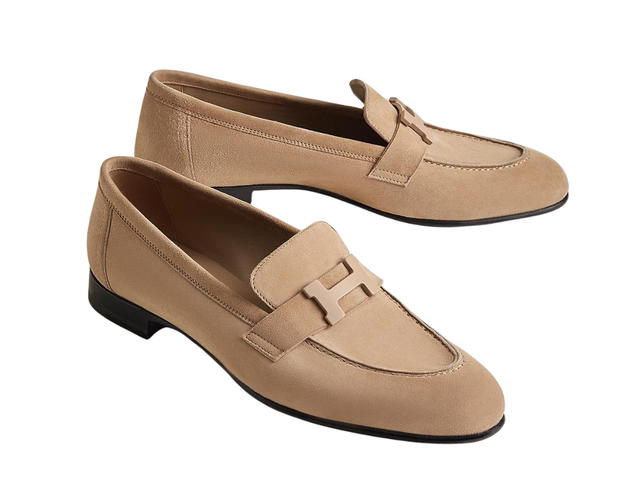 Hermes Hermes Mocassins Paris In Suede Goatskin With Tone-On-Tone Metallic Signature H Beige Argile (W) - view 3