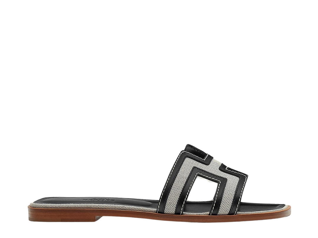 Hermes Hermes Oran Sandal In Calfskin And H Canvas With Iconic H Cut-Out Prunoir Noir