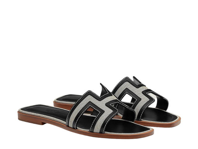 Hermes Hermes Oran Sandal In Calfskin And H Canvas With Iconic H Cut-Out Prunoir Noir - view 2