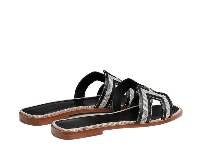 Hermes Hermes Oran Sandal In Calfskin And H Canvas With Iconic H Cut-Out Prunoir Noir - view 3