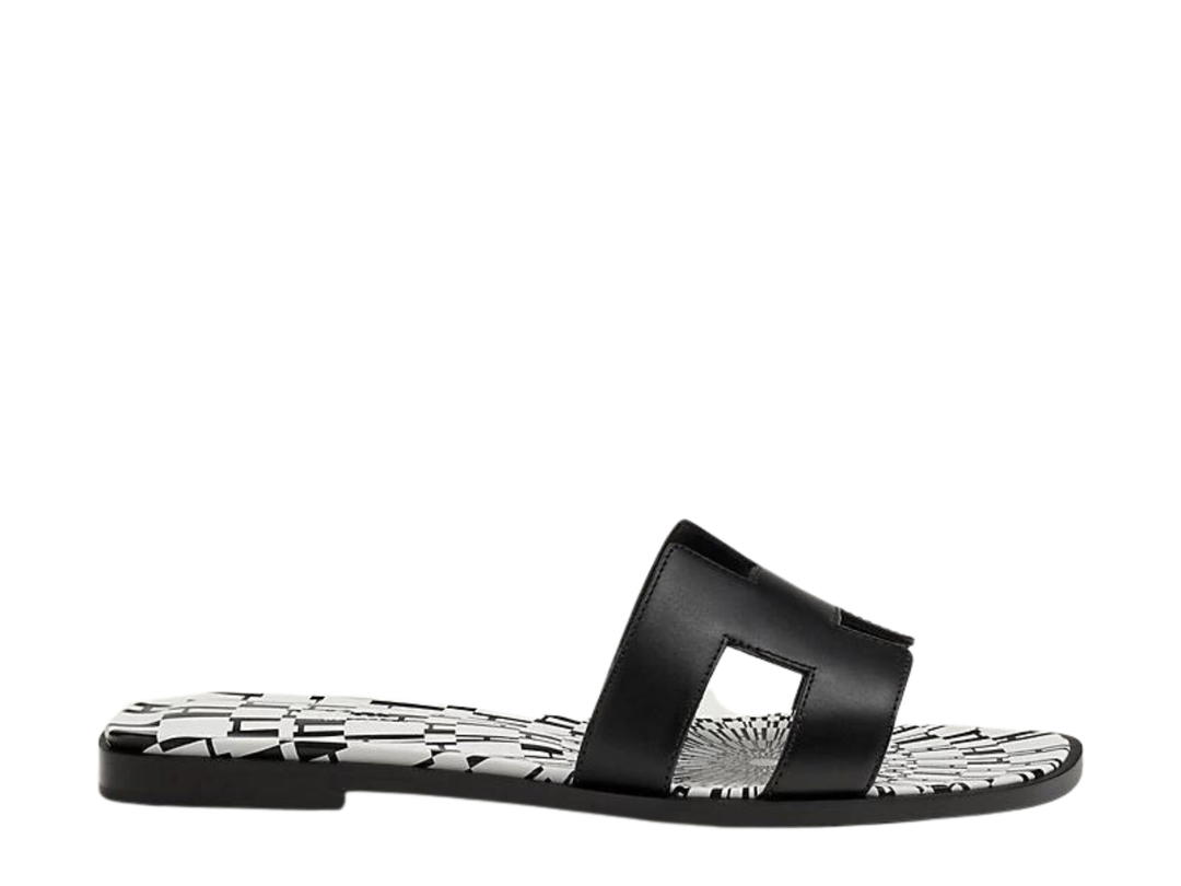 Hermes Hermes Oran Sandal In Calfskin With Iconic H Cut-Out And Calfskin Insole With Op'H Print Noir