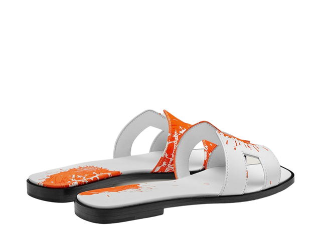 Hermes Hermes Oran Sandal In Calfskin With Peinture Fraiche Print And Iconic H Cut-Out Blanc-Orange - view 3