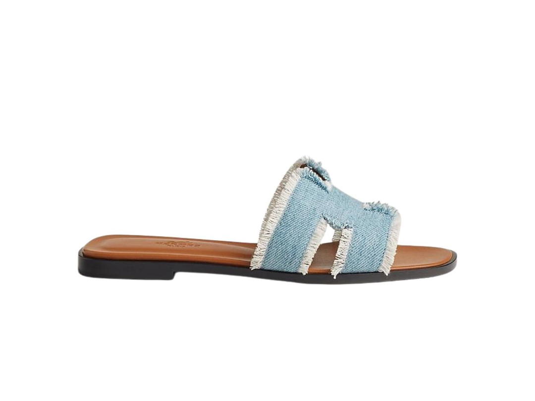 Hermes Hermes Oran Sandal In Fringed Denim With Iconic H Cut-Out Bleu Clair
