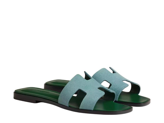 Hermes Hermes Oran Sandal In Suede Goatskin With Straight Cut Edges And Iconic H Cut-Out Vert D'eau - view 2