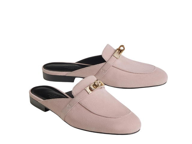 Hermes Hermes Oz Mule In Suede Goatskin With Iconic Permabrass-Plated Kelly Buckle Rose Porcelaine - view 2