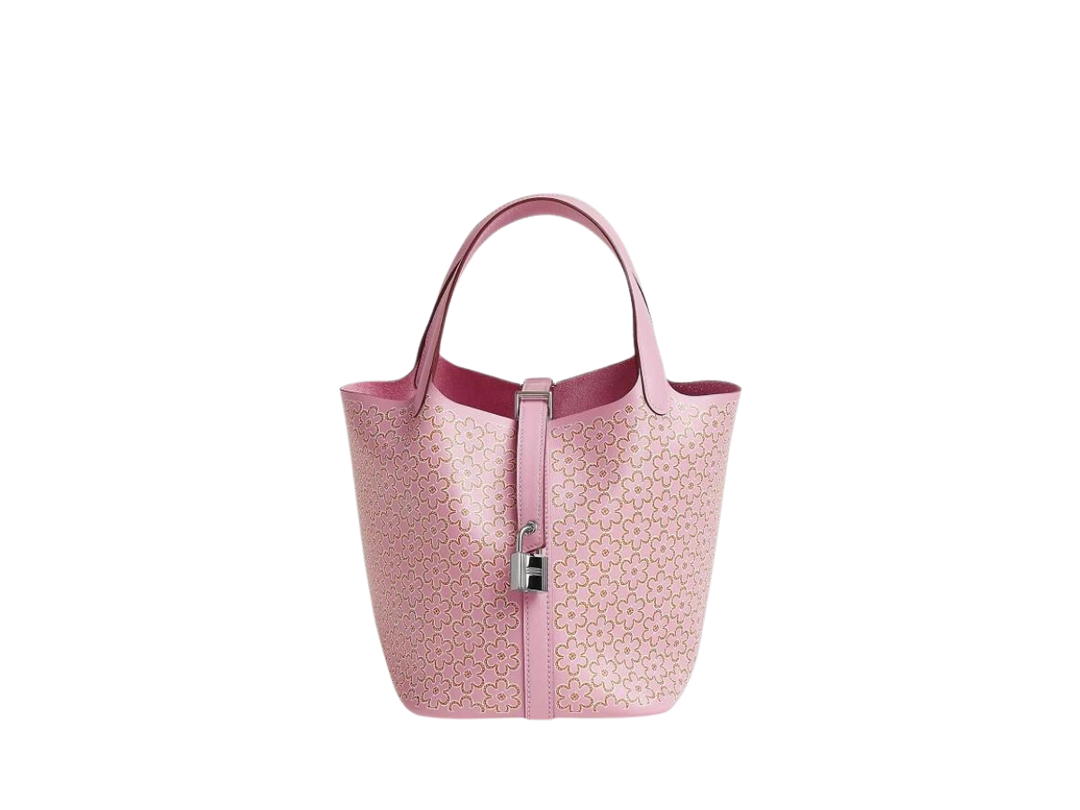 Hermes Hermes Picotin Lock 18 Bag In Lucky Daisy Printed Swift Calfskin With Palladium Hardware Mauve Sylvestre-Cuivre-Blanc