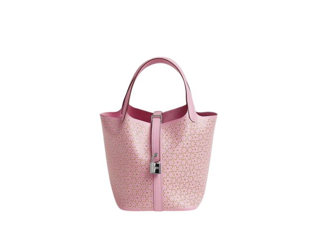 Hermes Hermes Picotin Lock 18 Bag In Lucky Daisy Printed Swift Calfskin With Palladium Hardware Mauve Sylvestre-Cuivre-Blanc - view 1
