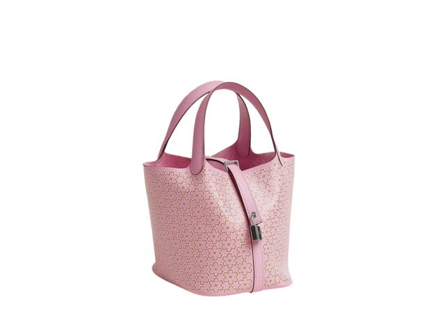 Hermes Hermes Picotin Lock 18 Bag In Lucky Daisy Printed Swift Calfskin With Palladium Hardware Mauve Sylvestre-Cuivre-Blanc - view 2