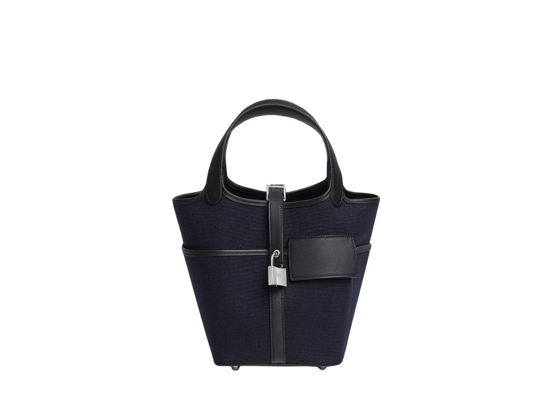 Hermes Hermes Picotin Lock Pocket Bag 18 In Goeland Canvas And Swift Calfskin With Palladium-Plated Kelly Lock Closure Bleu Marine-Caban