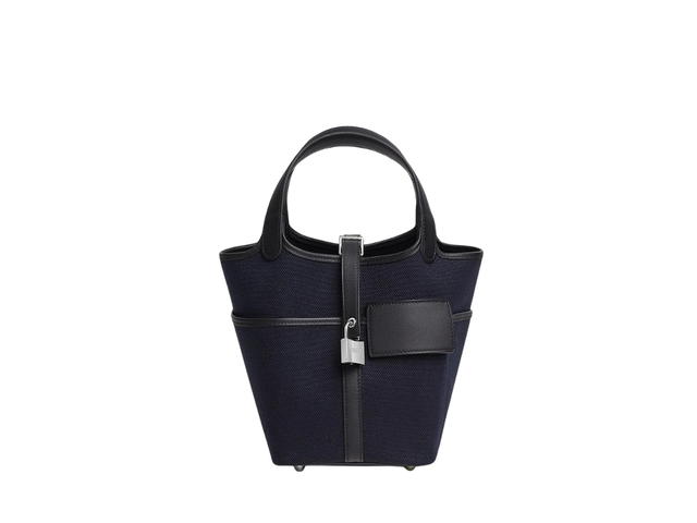 Hermes Hermes Picotin Lock Pocket Bag 18 In Goeland Canvas And Swift Calfskin With Palladium-Plated Kelly Lock Closure Bleu Marine-Caban - view 1