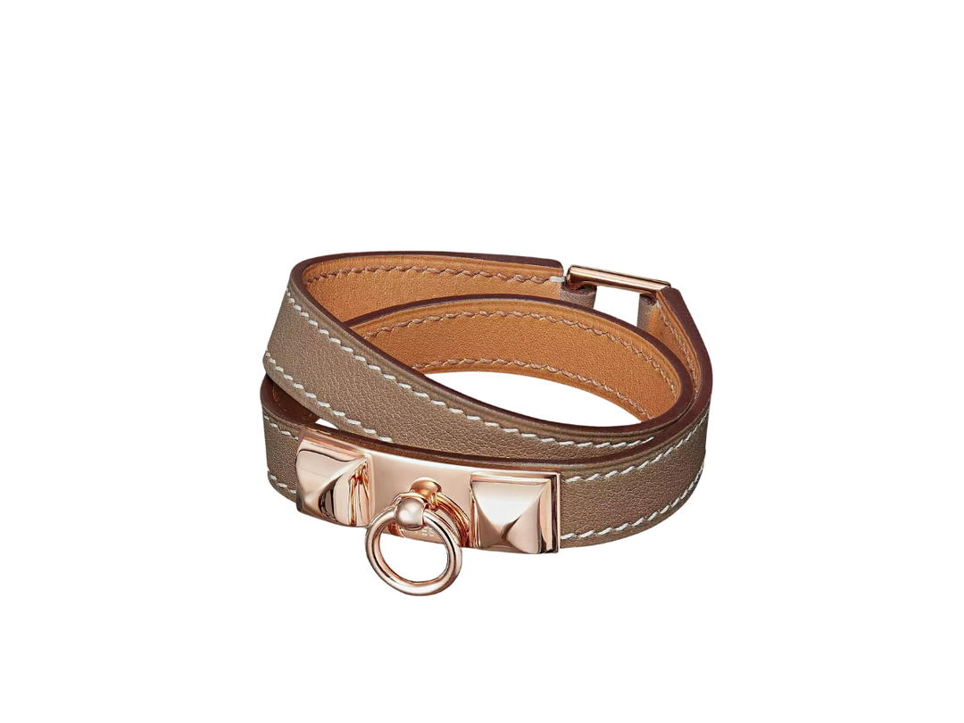 Hermes Hermes Rivale Double Tour Bracelet In Swift Calfskin With Rose Gold Plated Hardware Etoupe