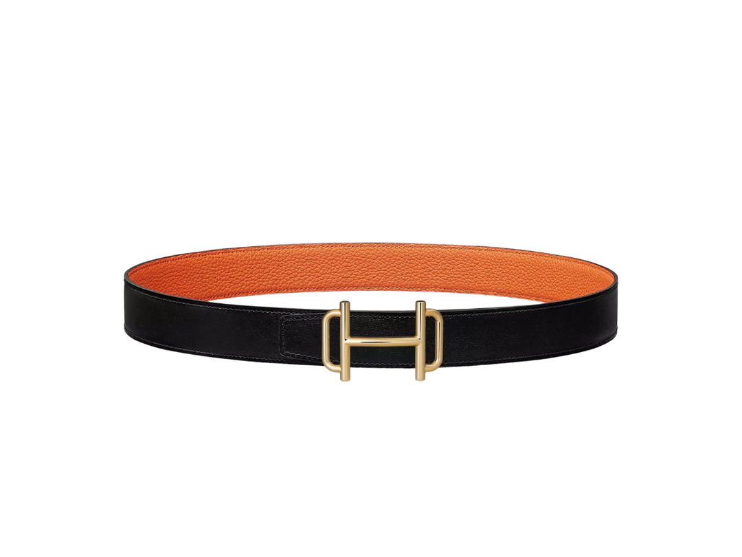 Hermes Hermes Royal Belt Buckle & Reversible Leather Strap 32 MM In Box 135 And Togo Calfskin With Permabrass-Plated Metal Noir-Orange