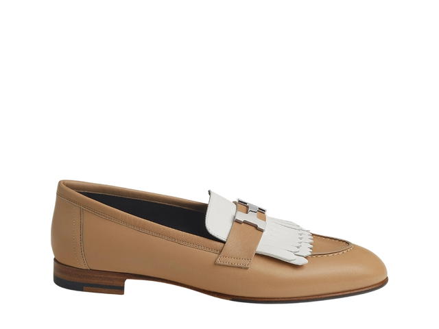 Hermes Hermes Royal Loafer In Goatskin And Calfskin With Fringe Detail Palladium-Plated Signature H Detail Beige Argile-Blanc - view 1