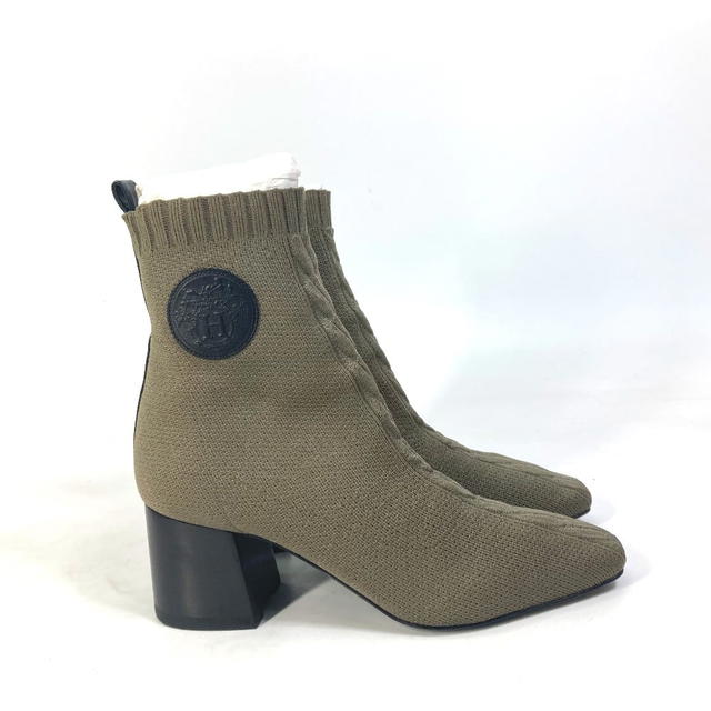 Hermes HERMES short boots Volver 60 Shoes Heel H Logo boots Knit / Leather khaki/Black - view 3