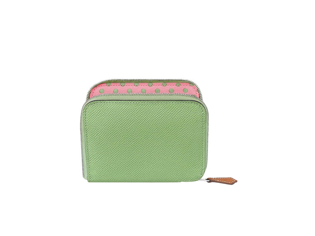 Hermes Hermes Silk'In Compact Wallet In Epsom Leather With Palladium Plated Hardware Vert Criquet-Rose Confetti