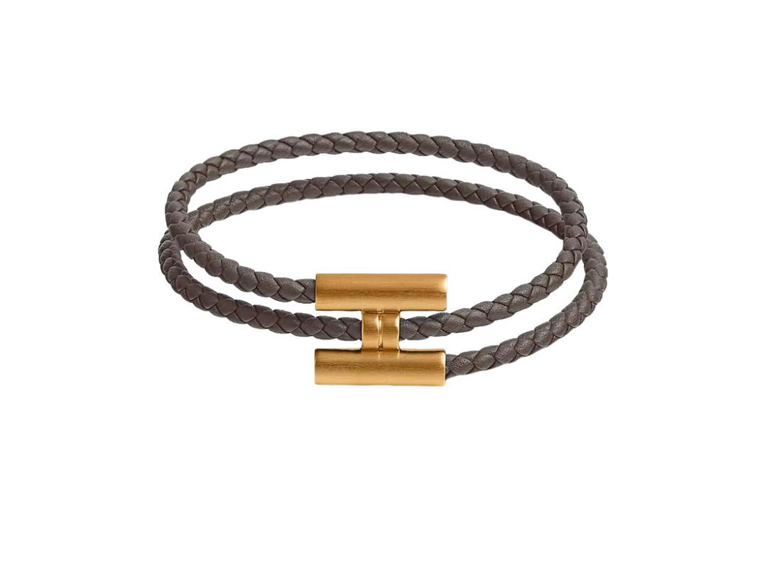 Hermes Hermes Tournis Tresse Bracelet In Swift Calfskin Gris Etain With Brushed Gold-Plated Hardware