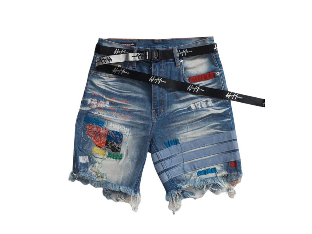 Hold’em Denim Hold’em Denim 3rd Handmade H8 Identity Zickzack Technique Sewing Blue Wash Destroyed Denim Shorts